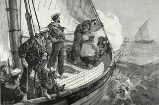 Slavery East African Slave Ship Battled By Hms London,  Huge 1880s Antique Print
