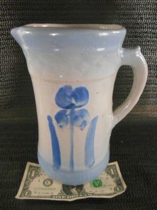 Antique Brush Mccoy Blue & White Stoneware Pitcher 8 1/2 " Iris Flower
