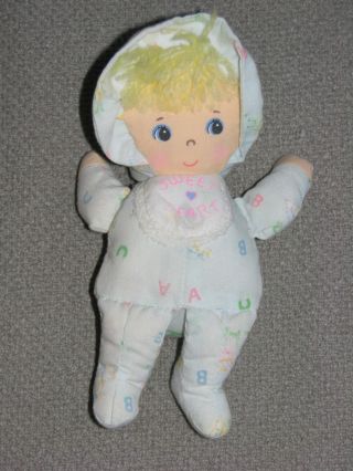 Small Vintage Baby Girl Cloth Doll Sweet Heart Abc White Romper Bonnet Yarn Bib