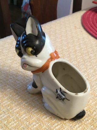 Antique Vintage BOSTON TERRIER Dog w Fly Glazed Ceramic Planter - Hard To Find 8