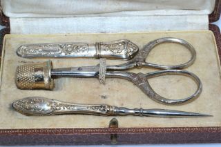 Vintage Sewing Kit Silver Needle Case Punch Mark Scissors Thimble