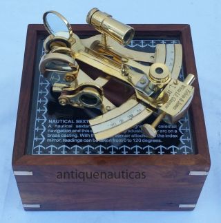 Nautical Marine Solid Brass Sextant With Brown Wooden Box Collectible Maritime