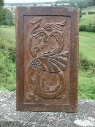 19thc Gothic Oak Carved Panel With Winged Gargoyle Lt Facing