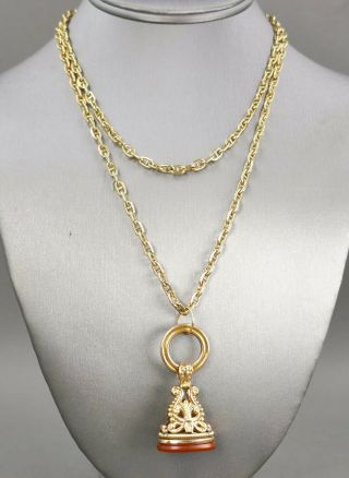 Fine Antique Victorian Gold Filled Long Chain & Agate Glass Wax Seal Necklace