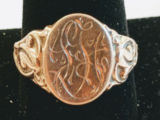 Antique 10 Karat Yellow Gold Art Nouveau Signet Ring,  Size 12,  10k,  7.  2 Grams