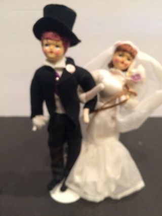 Vintage Annalee Like Bride And Groom Dolls Cake Toppers Made In Japan W/stands