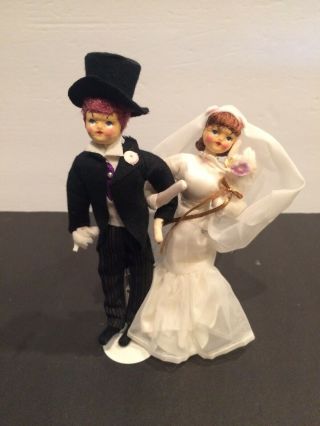 Vintage Annalee Like Bride And Groom Dolls Cake Toppers Made In Japan W/Stands 3