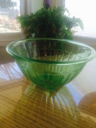 Antique Hazel Atlas Green Depression Vaseline Uranium Glass Ribbed Mixing Bowl