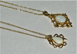 2 Vintage 14kt 14k Yellow Gold Filled & Opal Pendants & 16 & 17 " Necklace Chains