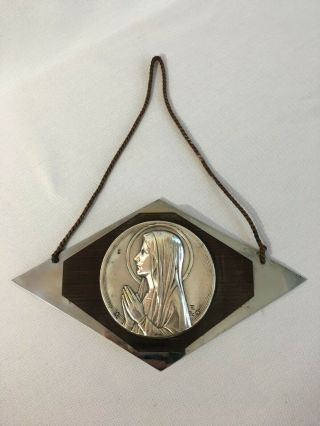Antique French Our Lady Virgin Mary Wall Plaque Figure Religious Metal Medal