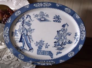 Antique Woods Ware Wood & Sons Tsing Geisha Blue & White Platter 16 3/8 "