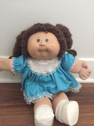 Vintage 1980s Cabbage Patch Kid Doll Brown Hair Girl Blue Clothes