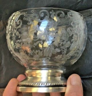 Sterling Silver Etched Flowers & Vines Glass Crystal Antique Small Bowl