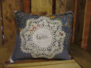 Primitive Quilted Pillow With Doily - Stitched Faith - Blue