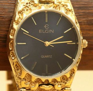 Vintage Elgin Mens Golden Nugget Style Wrist Watch 2035 80s Crystal