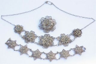 Antique Sterling Silver Filigree Parure W/necklace,  Bracelet & Brooch