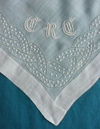 Antique Dotted Whitework Handkerchief With Monogram