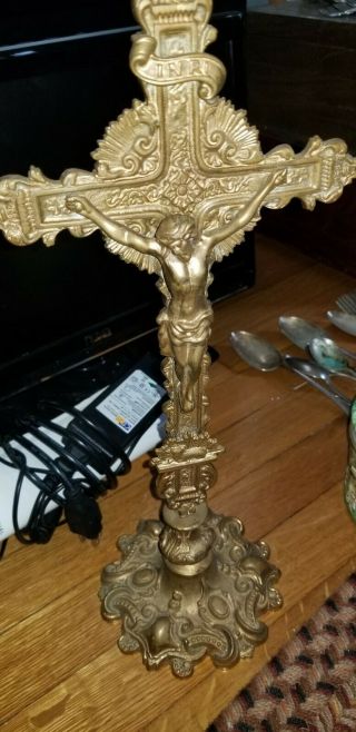 16 " By 6 " Antique Solid Metal Ore Crucifix Cross