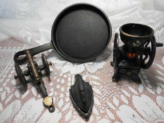 Cast Iron - Mini Coffee Grinder - Gettysburg Canon - Fry Pan And Iron W/holder Cast
