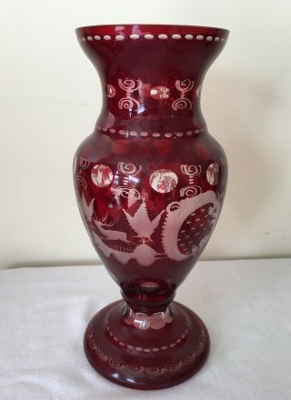Vintage Egermann Large 12.  25” Bohemian Czech Ruby Crystal Vase With Etched Bird