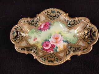 Antique Hand Painted Nippon Relish Dish Bowl Roses Gold Unique One Family Owned