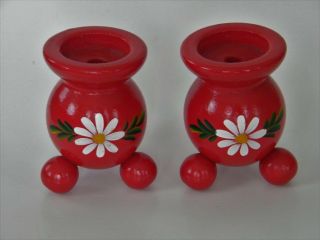 Scandinavian Red Wooden Tealight Candle Holders Hand Painted Set Of 2 Swedish