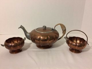 Venetian Copper Tea Pot Kettle Cinderella Pumpkin Milk Pitcher & Sugar Bowl Set
