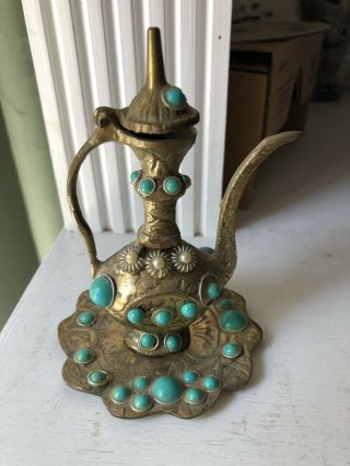Vintage Ornate Brass With Turquoise & Pearls Genie Lamp With Hinged Lid & Tray