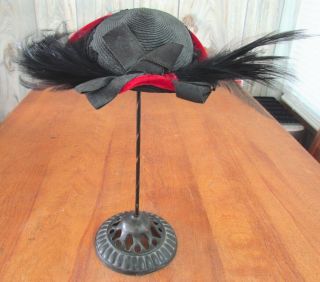 Vintage Cast Iron 12 " Doll Hat Stand With Antique Bird Of Paradise Feathered Hat