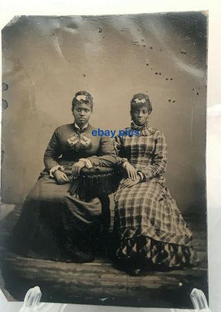 Antique Tintype Photo 2 African American Black Young Ladies Sisters? Hair Bows