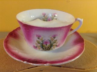 Vintage Antique Mustache Porcelain Handled Mug Cup Saucer Shaving Pink Flowers