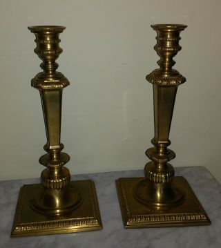 Pair Vintage Solid Brass Candle Stick Holders 13 " Tall Base Is 6 " By 6 "