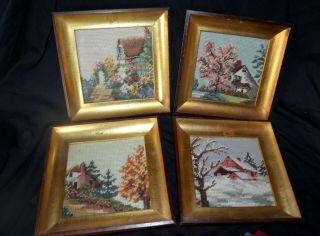 4 Vintage Hooked Wool Framed Four Seasons Cottage Scenes Gold Brown Frames