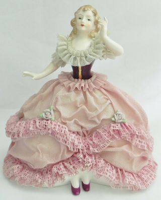 Dresden Lace Pink With Roses Porcelain Lady Sitting On A White Porcelain Bench