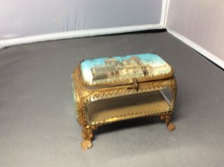 Antique Rectangle Brass And Beveled Glass Footed Trinket Box
