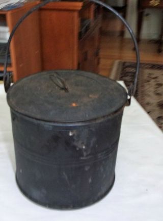Vintage Antique Metal Tin Berry Bucket Lunch Pail With Bale Handle And Lid Cover