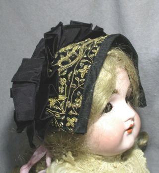 Vintage Doll Hat - Bonnet - Headband - Gold Trimmed Black Velvet W/ruffle