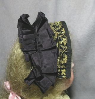 Vintage Doll Hat - Bonnet - Headband - Gold Trimmed Black Velvet w/Ruffle 2