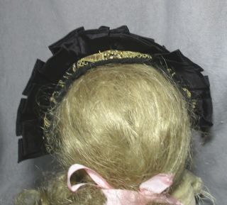Vintage Doll Hat - Bonnet - Headband - Gold Trimmed Black Velvet w/Ruffle 3