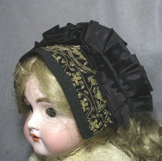 Vintage Doll Hat - Bonnet - Headband - Gold Trimmed Black Velvet w/Ruffle 5