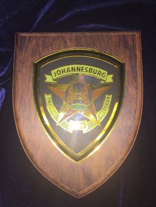 Johannesburg Police Placque Seal On Wood With Attached Display Stand