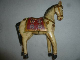 India Horse Hanpainted Figure Figurine Wooden Carved Wood Statue Vintage Ethnic