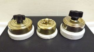 3 Antique Vintage Porcelain Brass Single - Pole Turn Rotary Light Switches