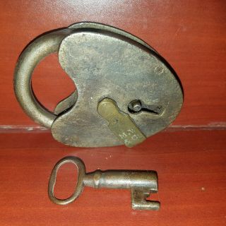 Vintage 1800s Antique M.  W.  & Co Heart Shaped Pad Lock W/ Skeleton Key
