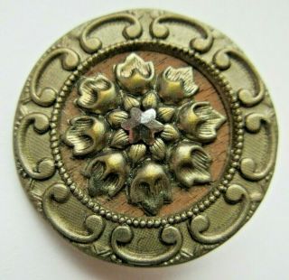Awesome X Large Antique Vtg Wood Back Metal Button Ornate W/ Cut Steel Star (e)