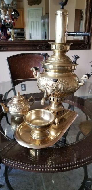 Antique Brass 13.  5 " Garanti Russian Samovar Water Chimney,  Teapot & Bowl Incl