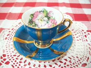 Windsor China Tea Cup And Saucer Blue And Heavy Gilt Pink And White Flowers