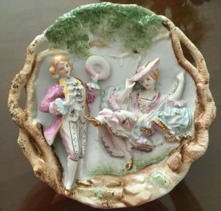 Vintage 3 Dimensional Antique Ceramic Wall Hanging Plate Women On Swing