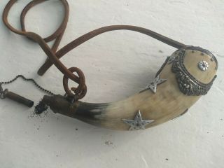 Antique Powder Horn Ornate,  With Brass,  Unusual,  Unique