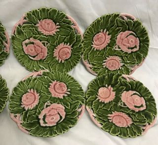 Antique Schutz Cilli Majolica Reticulated Plates X6 Pink Rose Green Leaf Nouveau